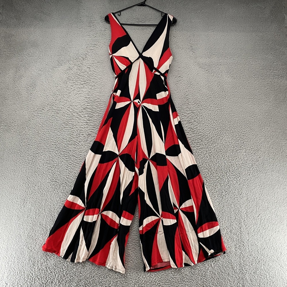 HD In Paris Jumpsuit Womens 8 Red Black Geometric Wide Leg Belted V Neck Anthro